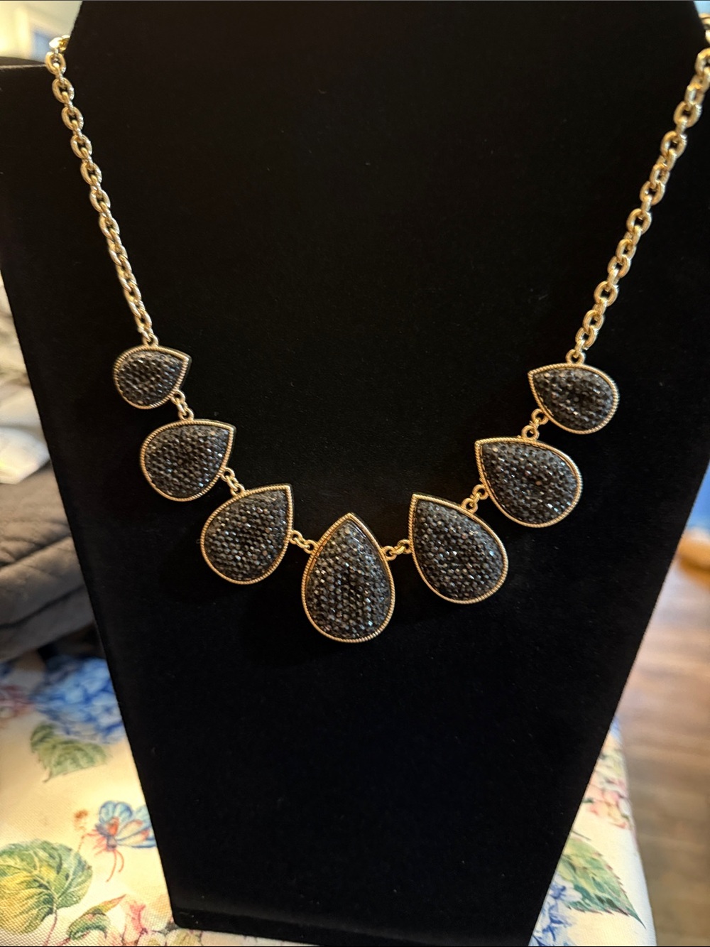 Gold Teardrop Statement Necklace with Black Crystal Inlay